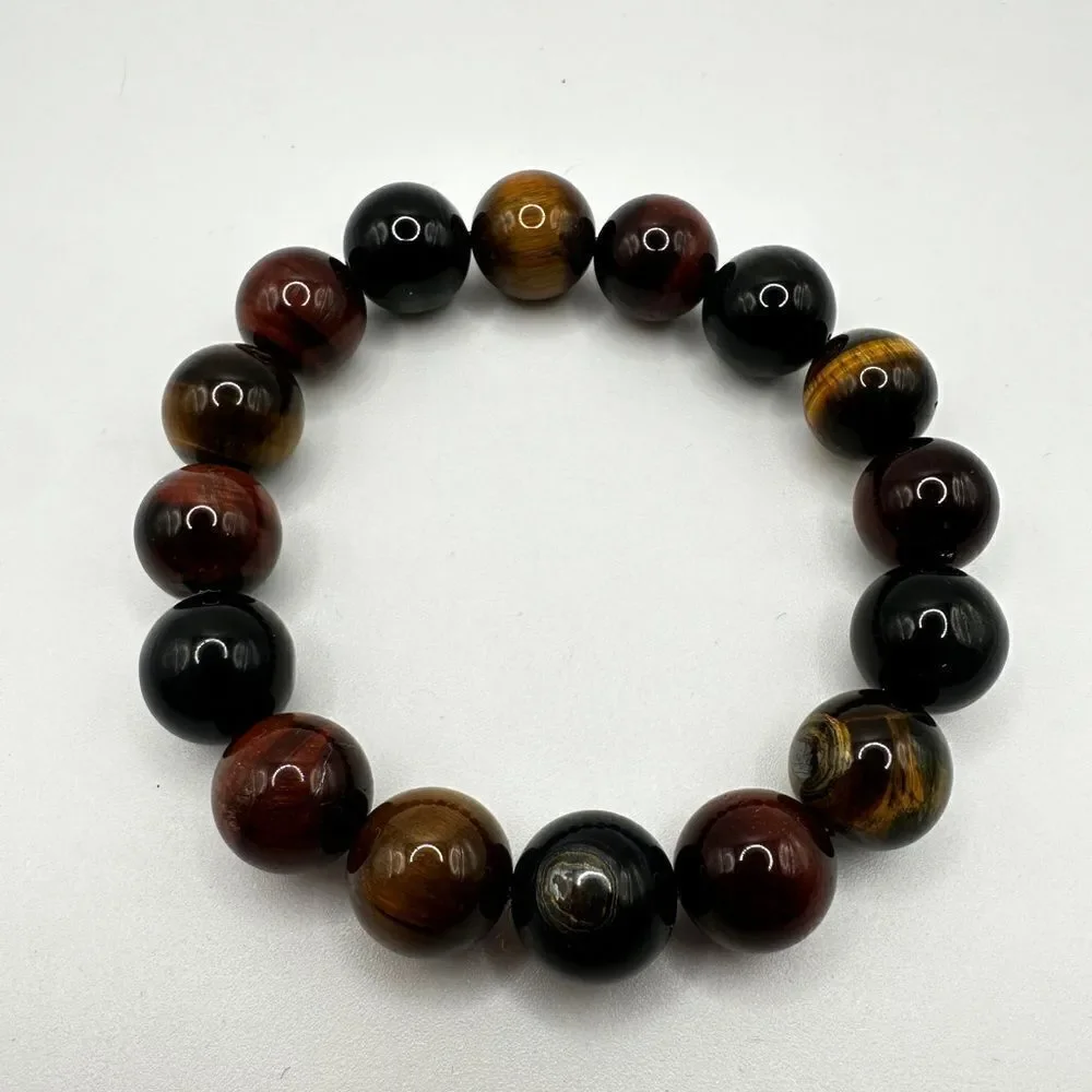 12mm red, black, blue, and yellow tigers eye stone stretchy bracelet!